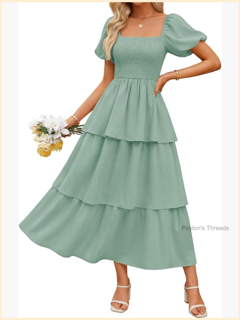 Smocked Midi Dress Puff Short Sleeve Flowy Tiered Boho Beach Vacation